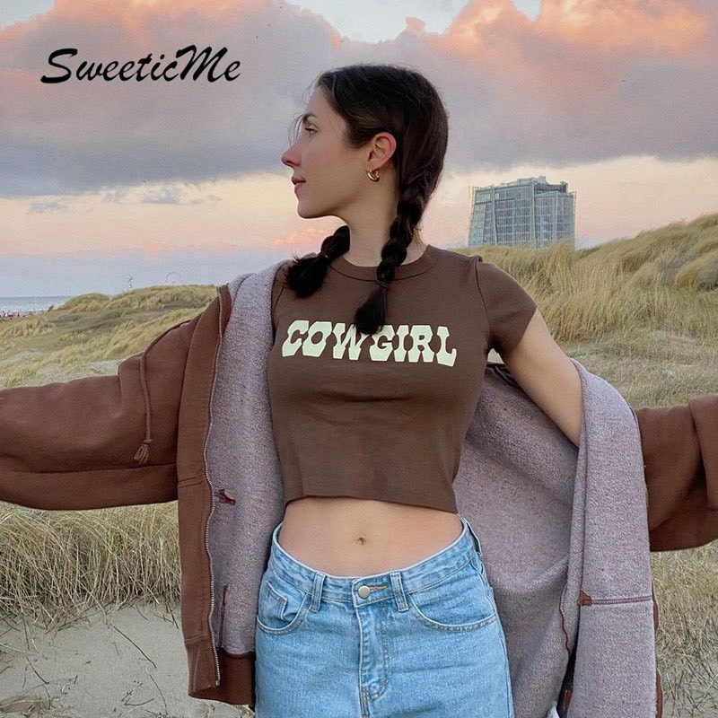 áo thun tay ngắn dáng ôm in chữ cowgirl kiểu dễ thương cho nữ cg32