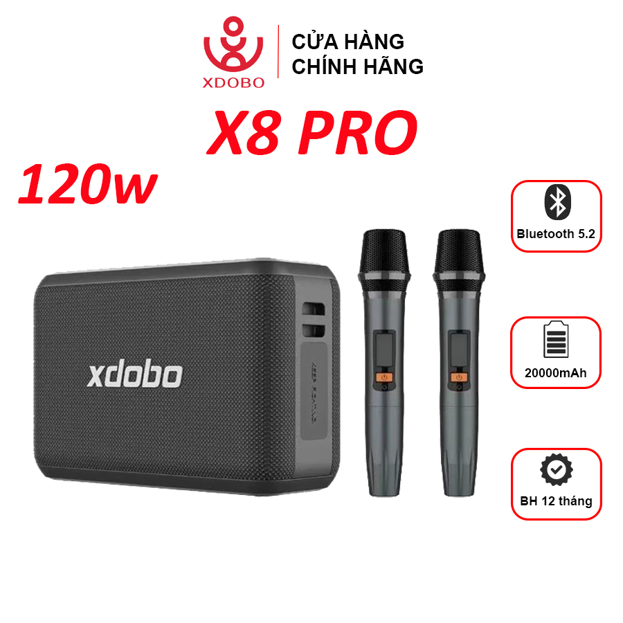 Loa Bluetooth 5.2 Xdobo X8 Pro Công Suất 120W Kèm 2 Mic Hát Karaoke Tích Hợp Viên Pin 20000mAh, Chống Nước IPX5