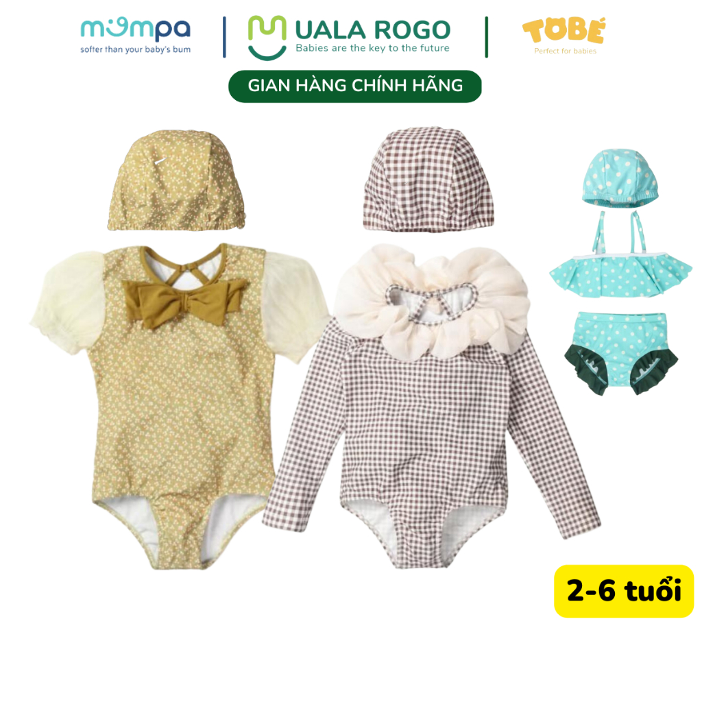 Đồ bơi bé gái Mompa 2-6 tuổi bộ Bikini tặng kèm mũ bơi vải Cotton thoáng mát mềm mát thấm hút nhanh khô 100 101 102