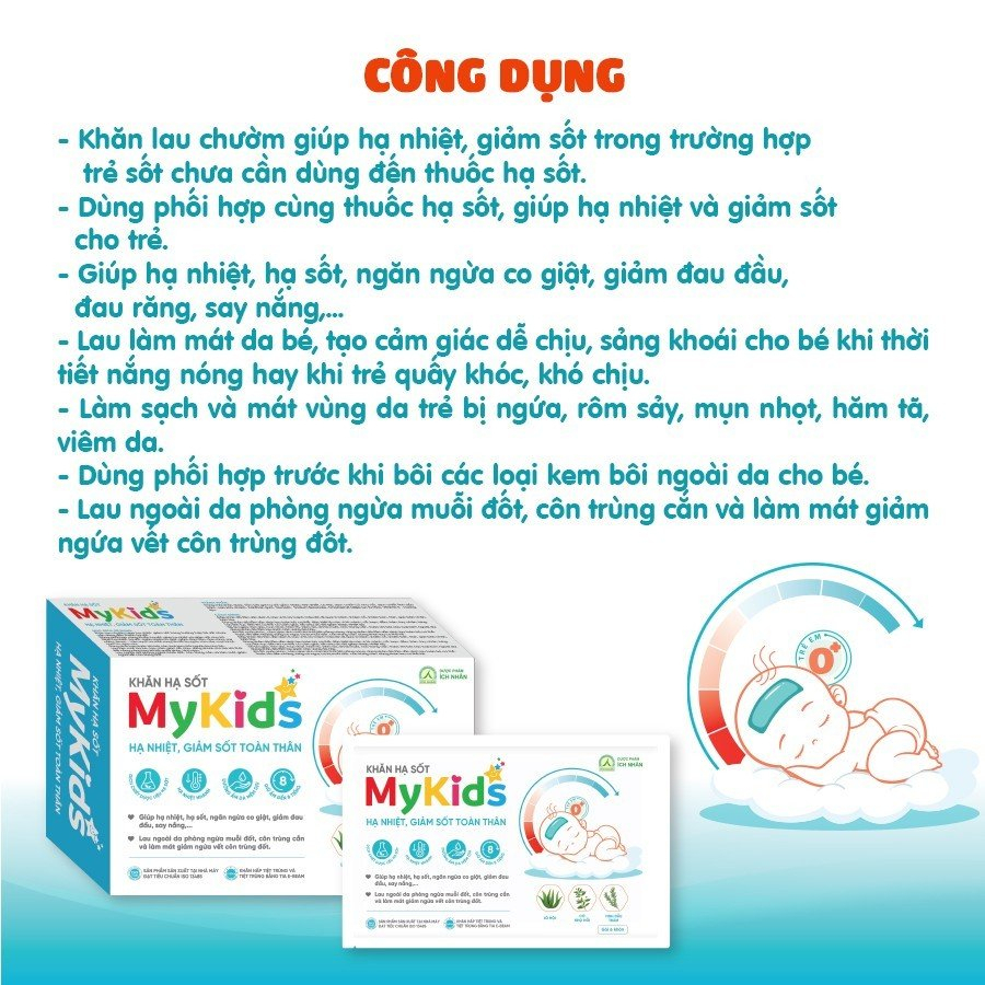 Khăn Hạ Sốt MyKids Ích Nhân Hỗ Trợ Hạ Nhiệt,Giảm Sốt Cho Bé, Giúp Ngăn Ngừa Co Giật Cho Bé - Hộp 4 Gói x 6 Khăn/Gói