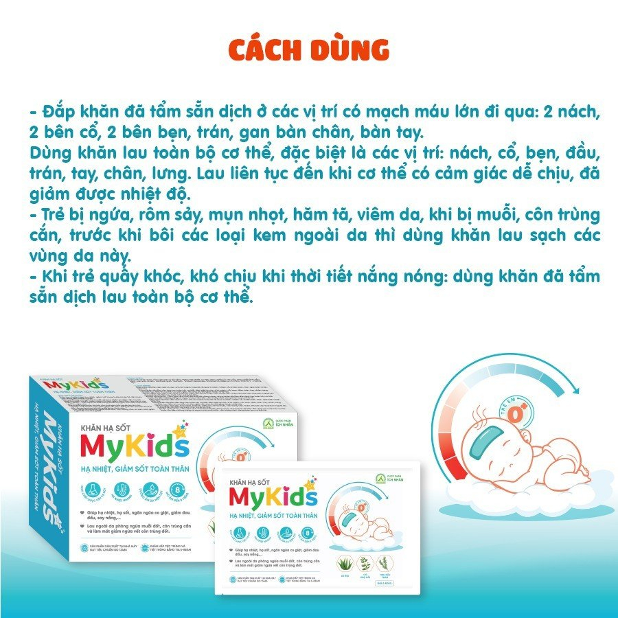 Khăn Hạ Sốt MyKids Ích Nhân Hỗ Trợ Hạ Nhiệt,Giảm Sốt Cho Bé, Giúp Ngăn Ngừa Co Giật Cho Bé - Hộp 4 Gói x 6 Khăn/Gói