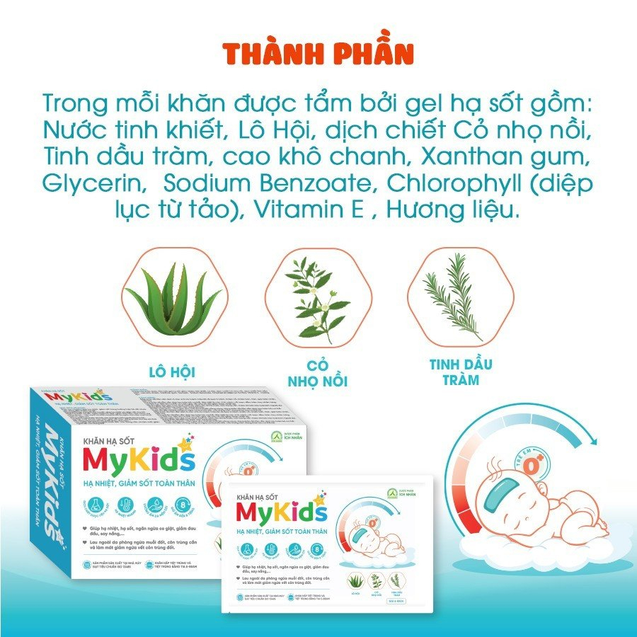 Khăn Hạ Sốt MyKids Ích Nhân Hỗ Trợ Hạ Nhiệt,Giảm Sốt Cho Bé, Giúp Ngăn Ngừa Co Giật Cho Bé - Hộp 4 Gói x 6 Khăn/Gói