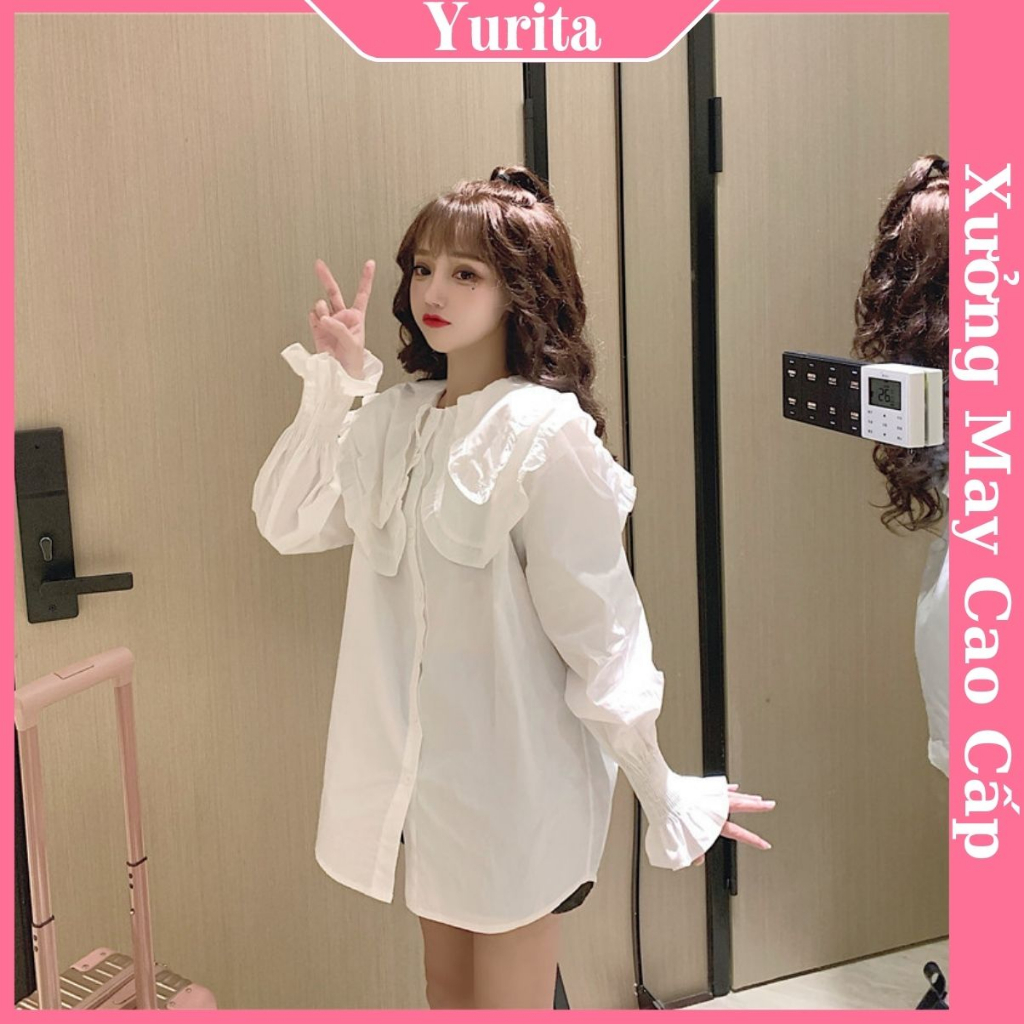 Áo Sơ Mi Trắng Kiểu nữ Công Sở YURITA Dài Tay Bồng Bo Chun From Rộng Cổ Bèo Tầng Tiểu Thư Hàn Quốc UIzzang Vintage