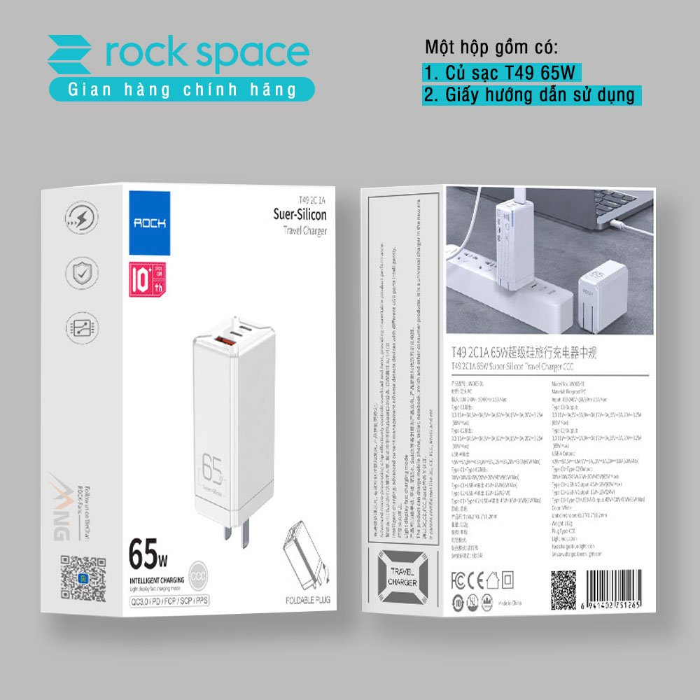 Củ sạc nhanh mini 3 cổng Rockspace T49 65W sạc nhanh PD,QC 3.0,sạc cho cả Laptop - Hàng chính hãng bảo hành 12 tháng