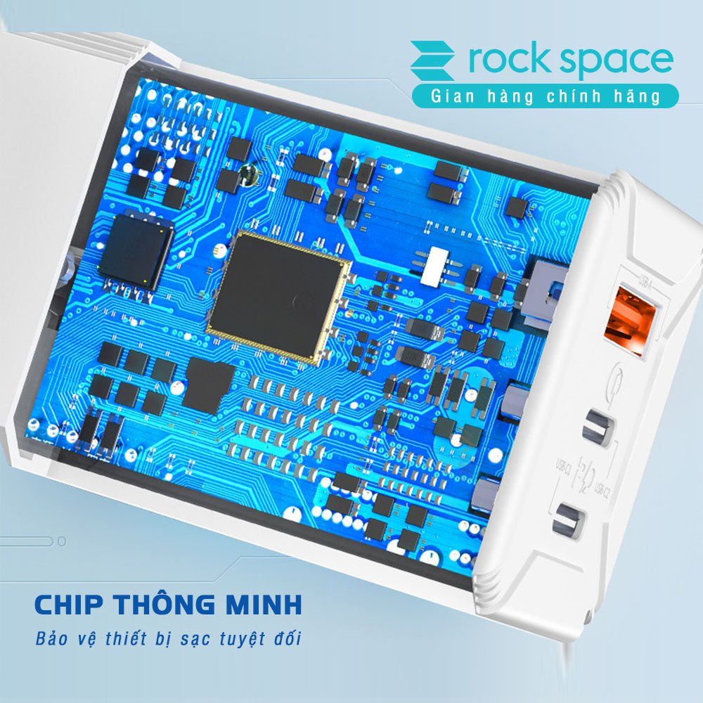 Củ sạc nhanh mini 3 cổng Rockspace T49 65W sạc nhanh PD,QC 3.0,sạc cho cả Laptop - Hàng chính hãng bảo hành 12 tháng