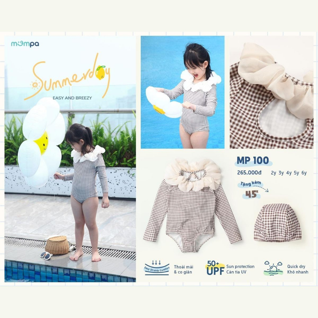Đồ bơi bé gái Mompa 2-6 tuổi bộ Bikini tặng kèm mũ bơi vải Cotton thoáng mát mềm mát thấm hút co giãn nhanh khô 100