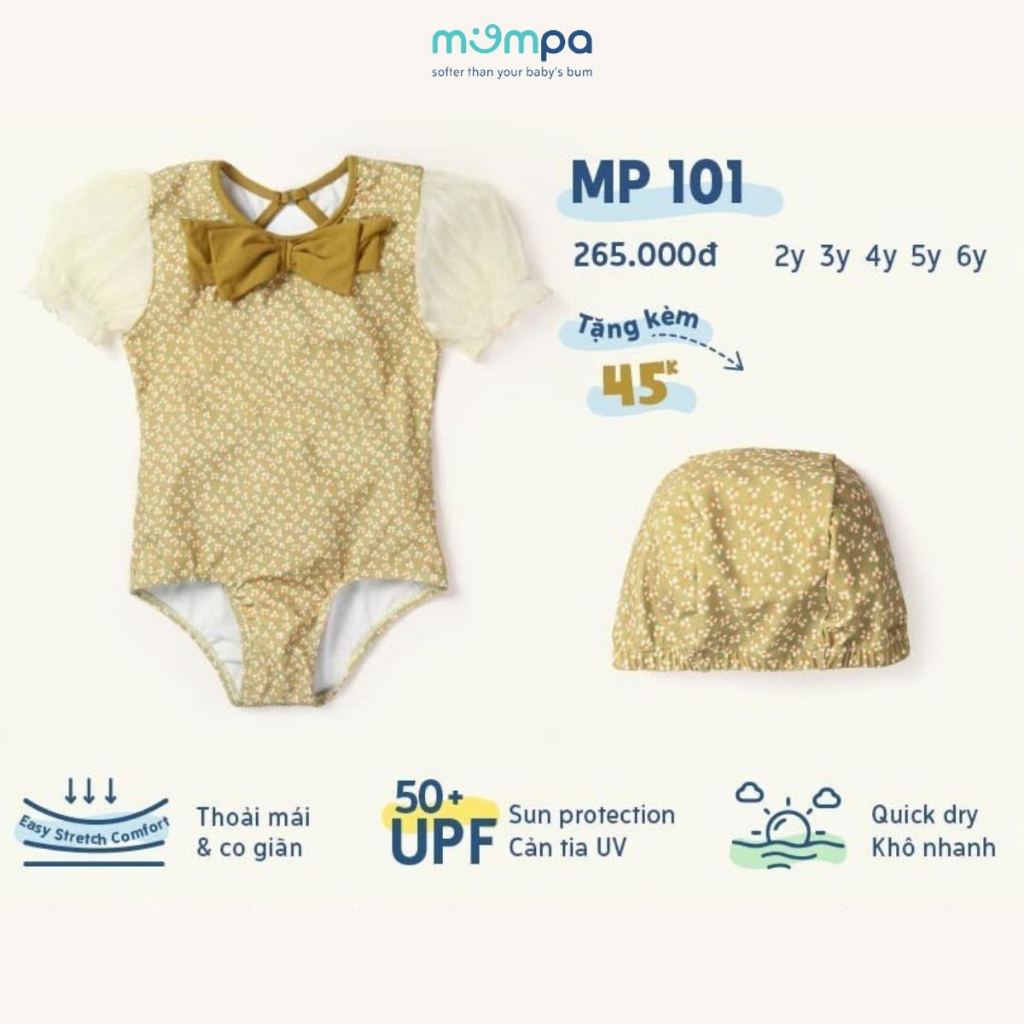 Đồ bơi bé gái Mompa 2-6 tuổi bộ Bikini tặng kèm mũ bơi vải Cotton thoáng mát mềm mát thấm hút nhanh khô 101