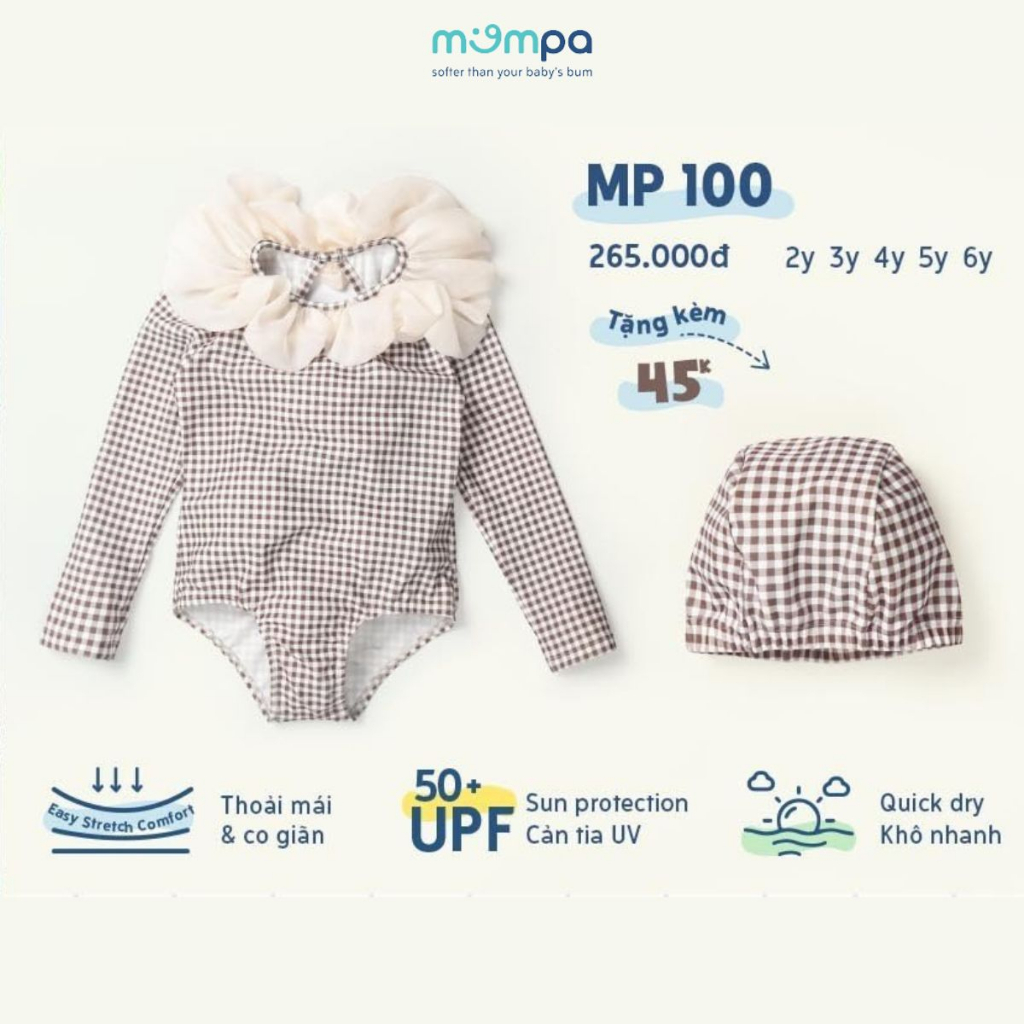 Đồ bơi bé gái Mompa 2-6 tuổi bộ Bikini tặng kèm mũ bơi vải Cotton thoáng mát mềm mát thấm hút co giãn nhanh khô 100