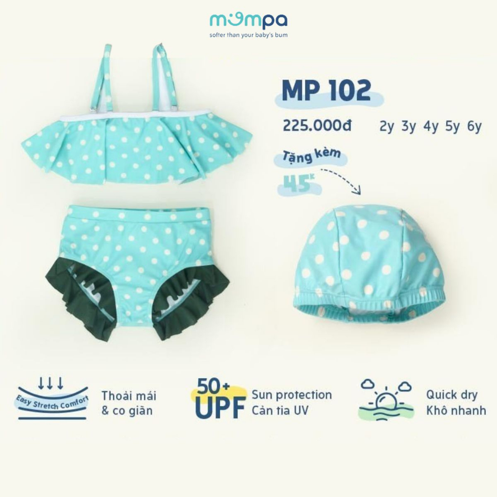 Đồ bơi bé gái Mompa 2-6 tuổi bộ Bikini tặng kèm mũ bơi vải Cotton thoáng mát mềm mát thấm hút nhanh khô 102