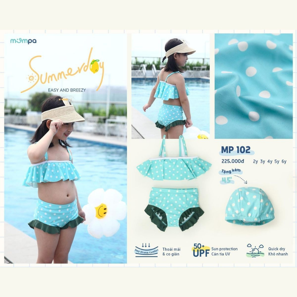 Đồ bơi bé gái Mompa 2-6 tuổi bộ Bikini tặng kèm mũ bơi vải Cotton thoáng mát mềm mát thấm hút nhanh khô 102