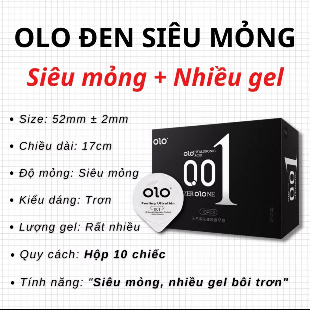 Bao Cao Su Olo Siêu Mỏng 001 Kéo Dài Thời Gian Quan Hệ, Nhiều Gel Bôi Trơn, Truyền Nhiệt - Hộp 10 Cái Có Che Tên Kín Đáo