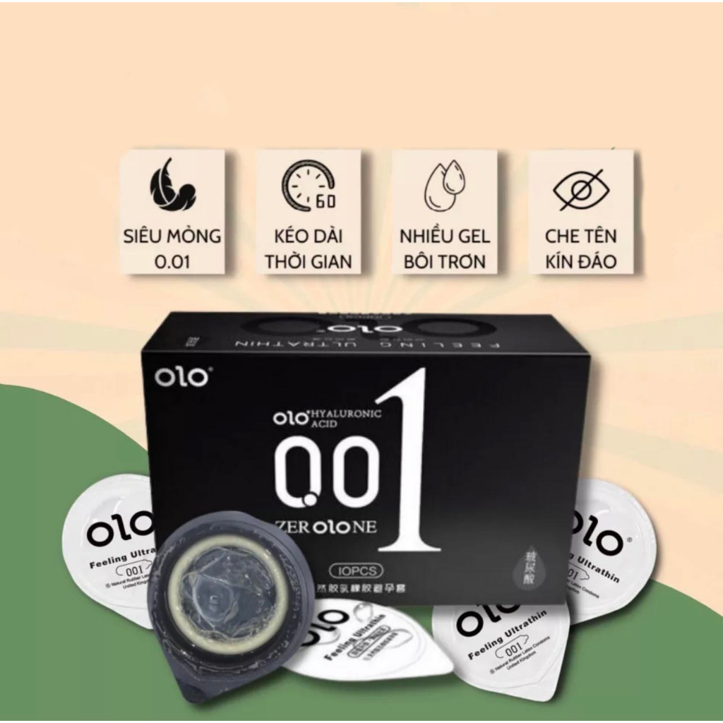 Bao Cao Su Olo Siêu Mỏng 001 Kéo Dài Thời Gian Quan Hệ, Nhiều Gel Bôi Trơn, Truyền Nhiệt - Hộp 10 Cái Có Che Tên Kín Đáo