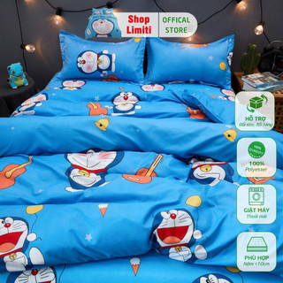 Ga Trải Giường Poly Cotton, Ga Nệm Mùa Hè Poly Cotton Kèm 2 Vỏ Gối Nằm Đủ Kích Thước Mẫu DOREMON XANH (Được Chọn Màu)