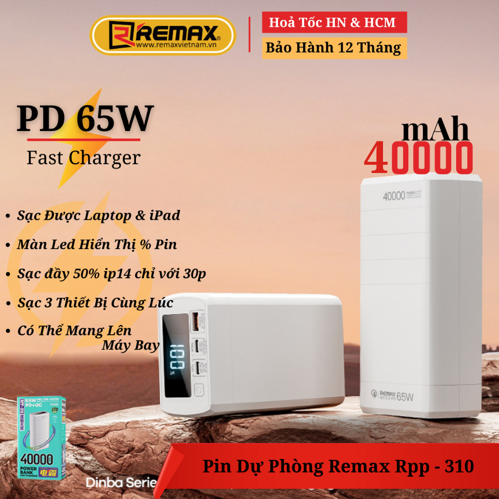 Pin Sạc Dự Phòng 40000mah 65W PD QC 3.0 - Remax Việt Nam RPP-310 Sạc Được Cả Laptop và iPad - Bảo Hành 12 Tháng