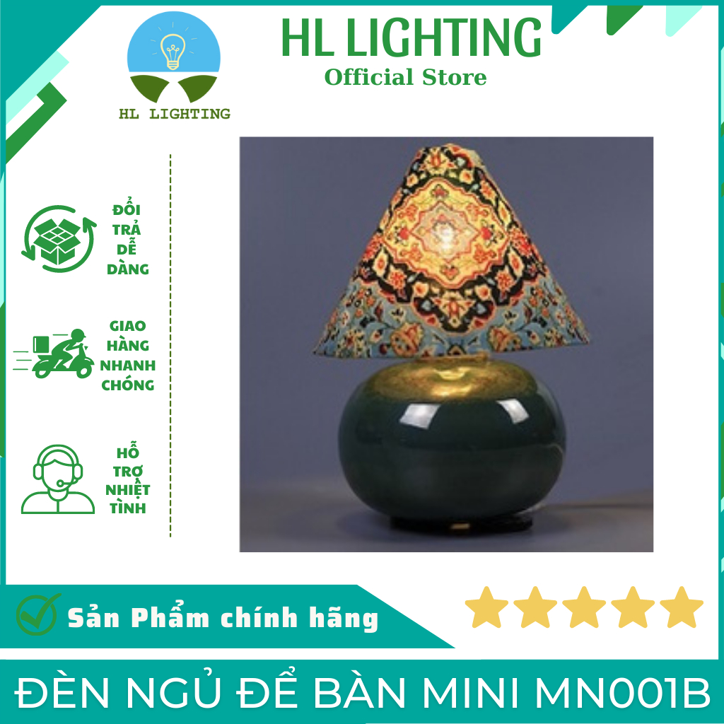 Đèn ngủ để bàn mini MN001B, đèn thổ cẩm Gốm Sứ Bát Tràng trang trí nội thất HL Lighitng