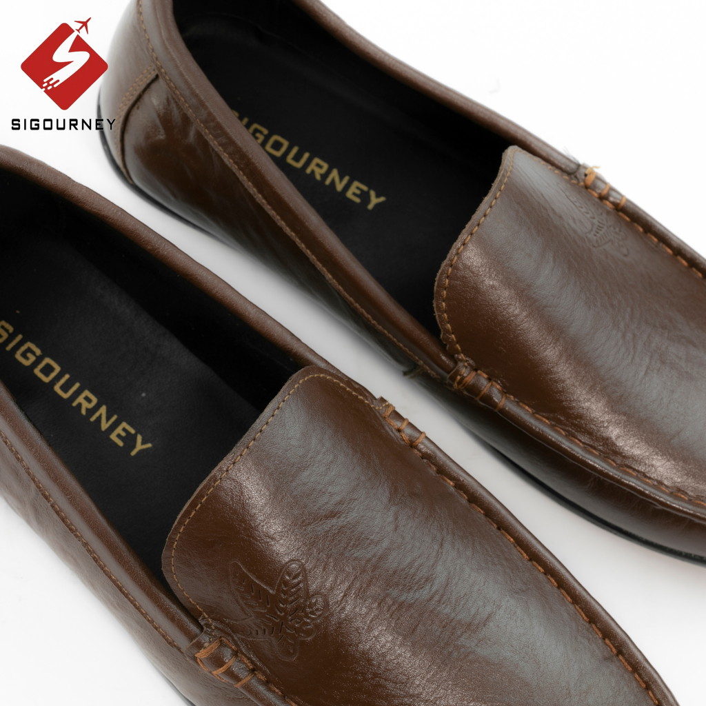 Giày lười nam da bò nhập khẩu, giày mọi nam SIGOURNEY màu nâu dập hoa văn SIG20 bảo hành 18 tháng