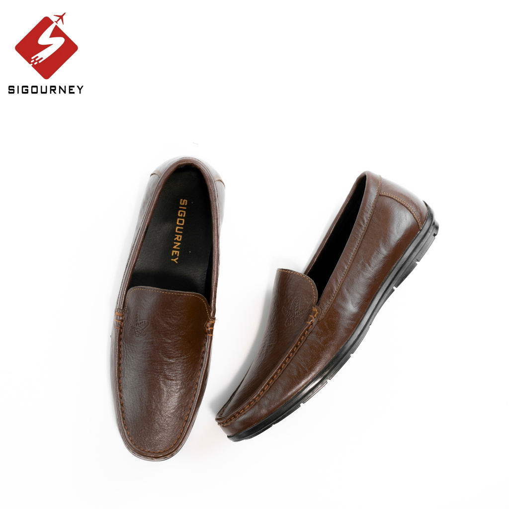 Giày lười nam da bò nhập khẩu, giày mọi nam SIGOURNEY màu nâu dập hoa văn SIG20 bảo hành 18 tháng