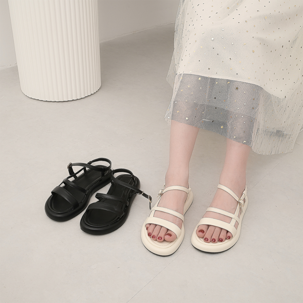 Sandal nữ đế bằng 2p dây mảnh thiết kế basic móc khóa mymyshoes màu đen và kem 1123-7