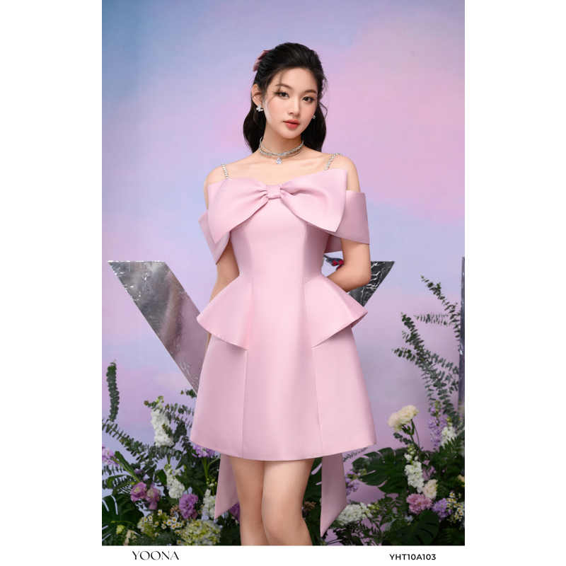 Đầm tiệc hồng 2 dây thiết kế chất Tafta cổ nơ tạo kiểu nữ tính tiểu thư YOONA - YHT10A103