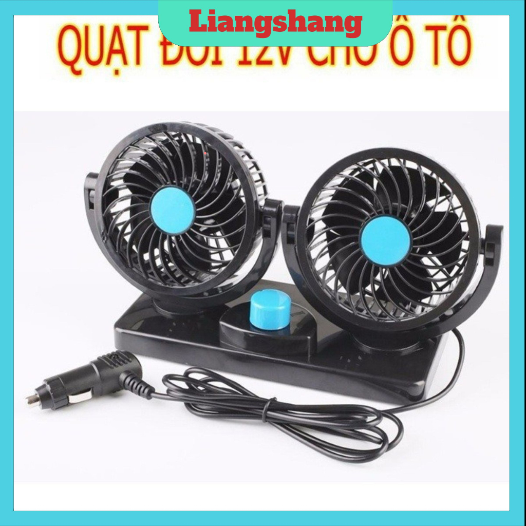 Quạt Đôi Mini ô tô cắm tẩu 12v-24v, máy làm mát xe hơi, ô tô tải có 3 chế độ gió khác nhau xoay 360 độ