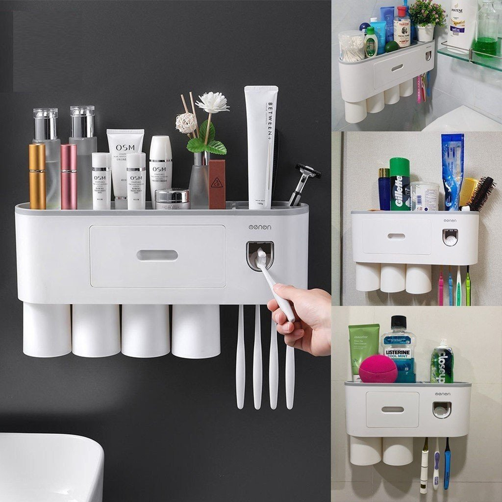 Giá treo bàn chải đánh răng OENON kèm nhả kem đánh răng tự động nhựa ABS cao cấp kèm cốc hút từ tính
