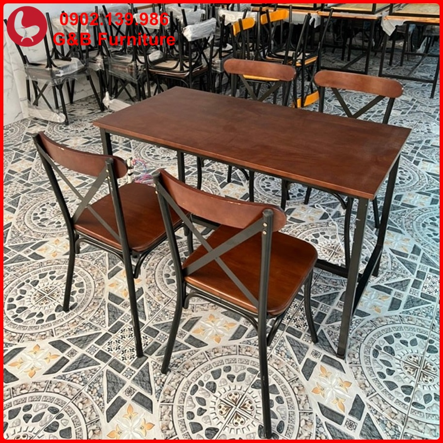 Bộ bàn ăn 4 ghế X màu nâu chân sắt sơn tĩnh điện