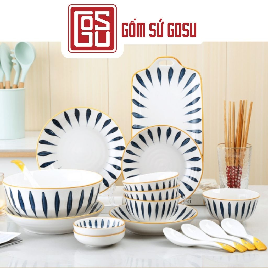 Bán lẻ chén bát đia tô Gosu họa tiết phẩy trúc viền vàng sang trọng