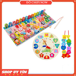 Combo 2 món đồ chơi gỗ - Bảng câu cá xếp hình đa năng và đồng hồ số hình khối cho bé - đồ chơi trí tuệ