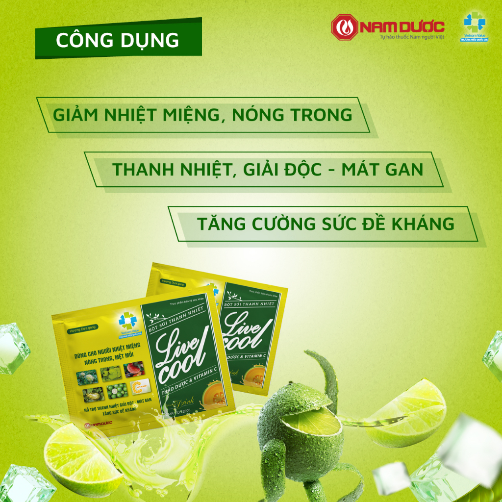 Bột sủi thanh nhiệt Livecool Nam Dược hương dưa gang hộp 6 gói x7g hỗ trợ giảm nhiệt miệng nóng trong,giải độc,mát gan