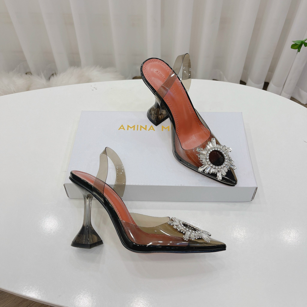 Sandal mica trong đá mặt trời màu đen gót loe 9cm