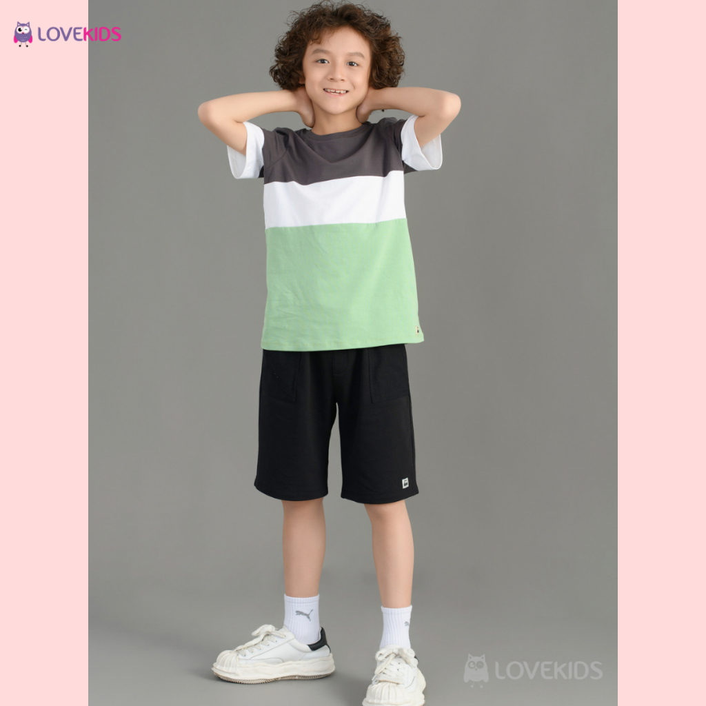 Áo thun Lovekids bé trai, phối màu năng động, vải cotton mềm mịn, thoáng mát, đi học đi chơi, size từ 7 đến 15 tuổi