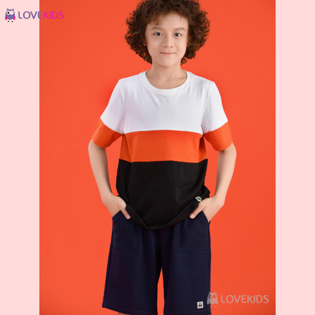 Áo thun Lovekids bé trai, phối màu năng động, vải cotton mềm mịn, thoáng mát, đi học đi chơi, size từ 7 đến 15 tuổi