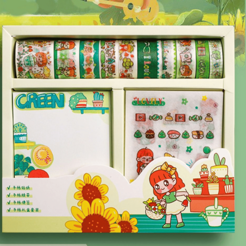 Hộp 10 cuộn washi tape,10 miếng dán sticker, 30 tờ giấy nhớ note ghi chú nhiều hình dễ thương mang phong cách Nhật Bản
