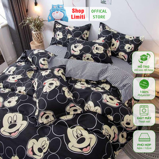 Ga Trải Giường Poly Cotton, Ga Nệm Mùa Hè Poly Cotton Kèm 2 Vỏ Gối Nằm Đủ Kích Thước Mẫu MICKEY ĐEN (Được Chọn Màu)