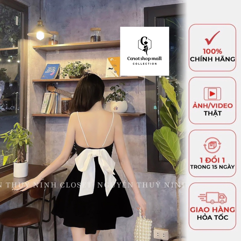 Đầm nhung 2 dây hạt châu nơ lưng siêu xinh - CarotShop