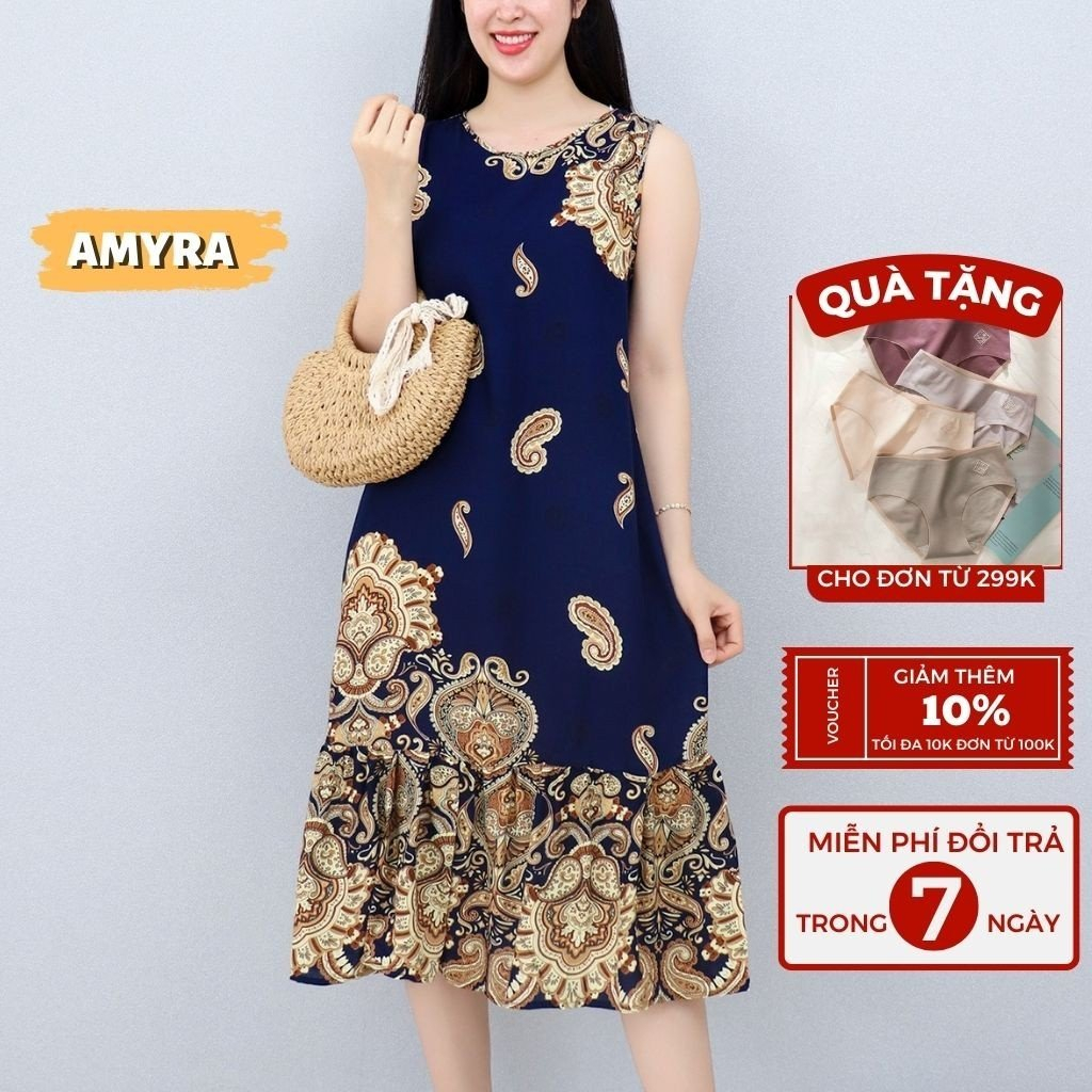 Đầm ngủ mặc nhà maxi vải lanh thoáng mát mỏng - Váy trung niên cho mẹ mặc nhà trung niên ngủ, bầu XH