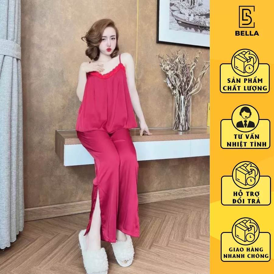 Đồ ngủ quần dài xẻ tà, chất vải lụa satin mềm mịn, mướt mát