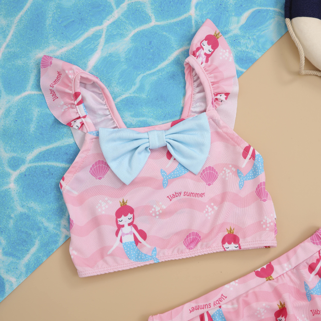 Set đồ bơi bé gái ILABY áo ngắn croptop đính nơ + chân váy chất liệu thun lạnh co dãn cho bé 2-11 tuổi [70IG1637C3FT]