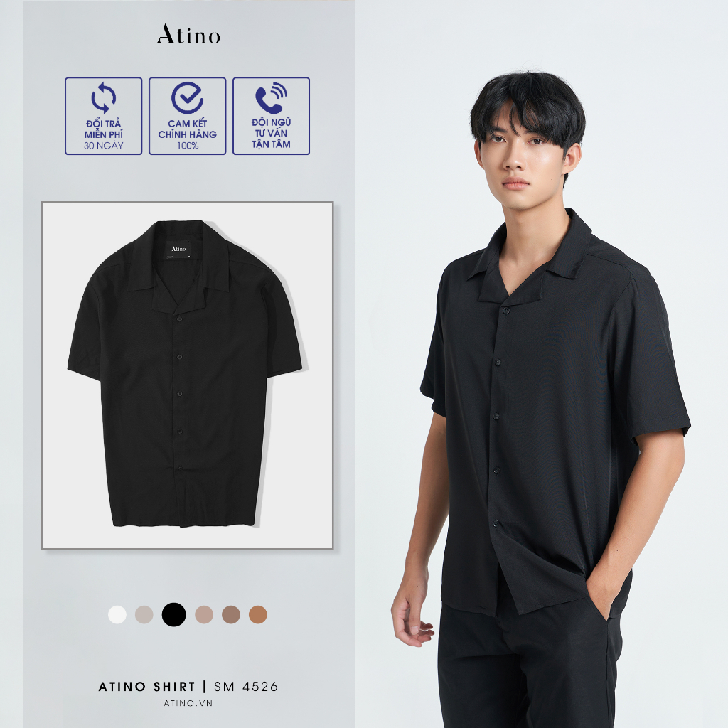 Áo sơ mi cộc tay Cuban Shirt nam Trơn ATINO vải lụa form regular SM4526