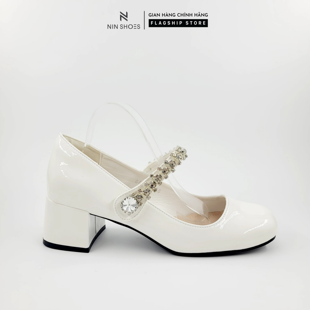 Giày cao gót nữ Nin shoes 3 phân đế vuông mix quai ngang đính đá