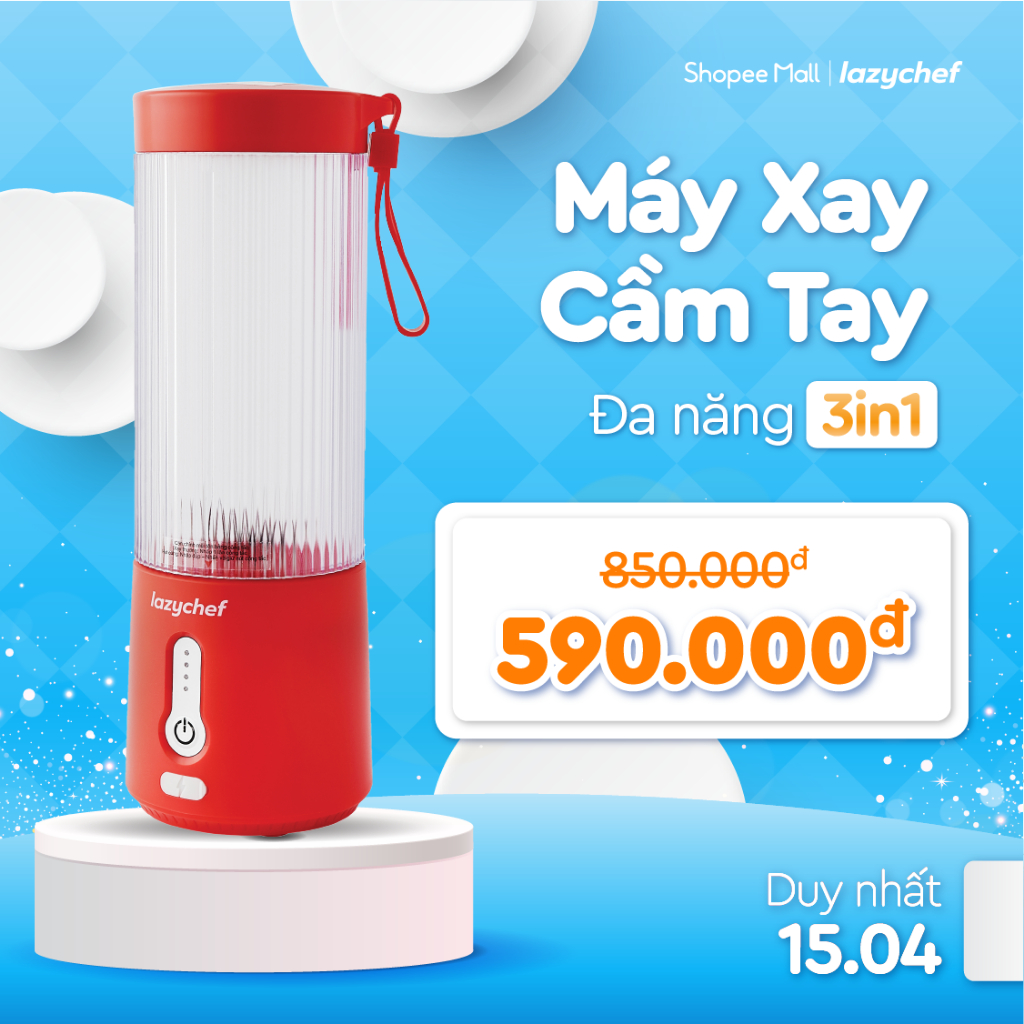 Máy Xay Sinh Tố Cầm Tay Đa Năng 3IN1 Lazychef - Bảo Hành Chính Hãng, Thiết Kế Tinh Tế, Chống Thấm Nước