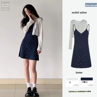 (HÀNG SẴN) Váy hai dây MORAN hoa nhí xanh than dáng A-line điệu đà đáng yêu retro Hàn Quốc (HÀNG MỚI VỀ)