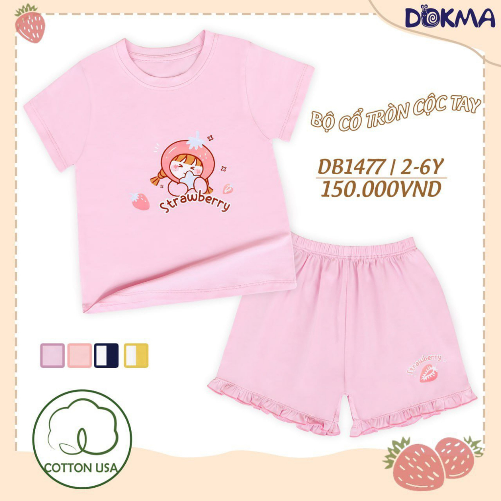 Bộ Cộc Tay cổ tròn Dokma cho bé gái từ 2Y-6Y