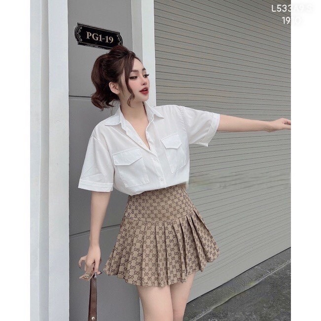 Ảnh thật 👉A9❤️Set 3 Món : -Áo sơ mi chất thô mềm -Váy xếp ly Gu.cc.i có lót và thun lưng -Nón Gu.c.ci