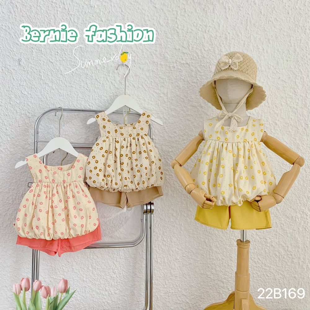 Set bộ đi chơi bé gái BERNIE hoa nhí áo phồng màu vàng hồng be đỏ bé đi chơi đi biển bé 9 đến 24kg