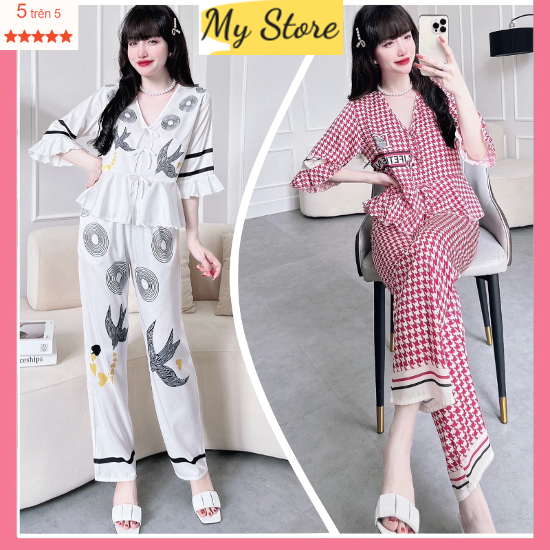 Đồ bộ nữ quần dài mặc nhà Pyjama dễ thương, bộ ngủ tay ngắn lụa latin hàng thiết kế freesize dưới 60kg