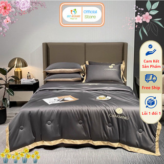 Bộ chăn ga gối lụa CHARMING nhập khẩu cao cấp, chất lụa tencel chăn được chần bông mềm mịn thoáng mát by Soc's Bedding