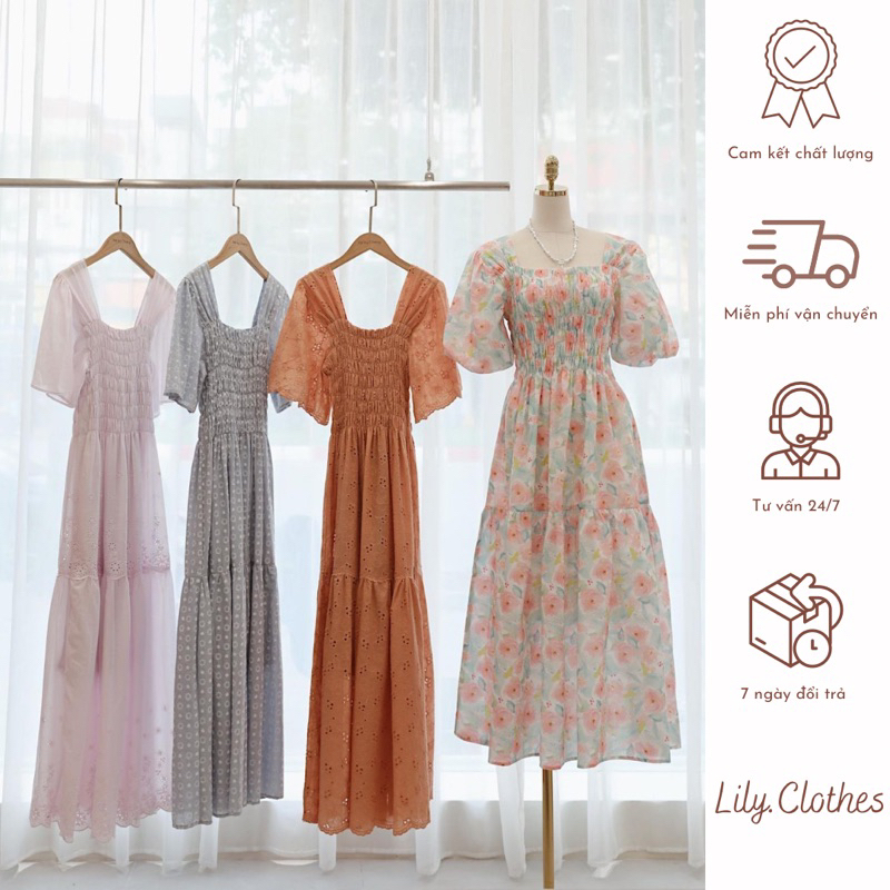 Váy maxi thêu hoa dáng dài chun ngực/ Váy maxi đi biển