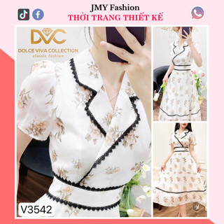 V3542 Váy đầm hoa cổ vest viền ren váy voan hoa nhí cam nâu nữ tính