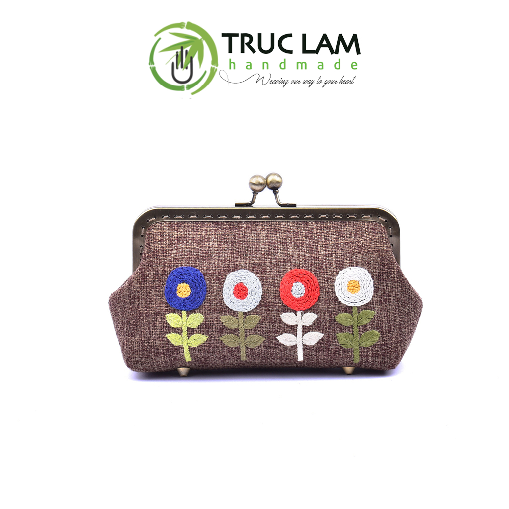 Ví Cầm Tay Nữ Clutch Vải Gai Khóa Nẹp Đồng Thêu Tay Họa Tiết Hoa Cỏ THEUNĐ58 Trúc Lâm Handmade